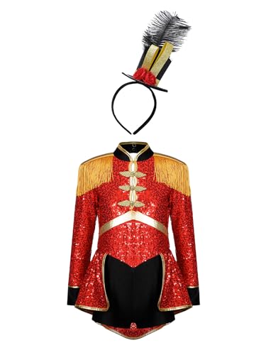 Eandarui Kids Girls Drum Major Outfit Sequins Tassels Circus Ringmaster Jumpsuit Festival Halloween Fancy Dress Up Red 12