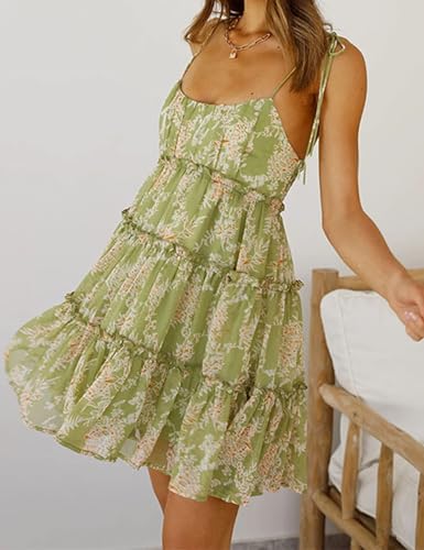 Image of Gihuo Womens Floral Mini Dress Boho Flowy Skater Spaghetti Strap Ruffle Sleeveless Beach Dress 2026 Summer Sundresses