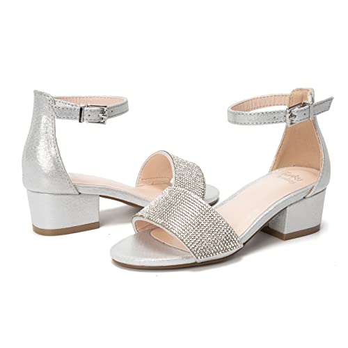 Image of FUNKYMONKEY Girls Low Heels Sandals Open Toes with Ankle Strap Rhinestone Dress Shoes for Kids