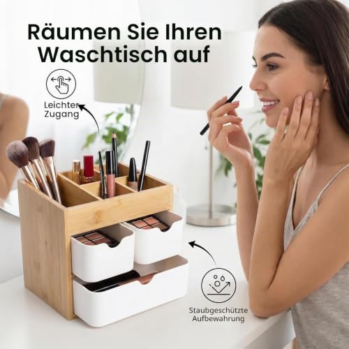 Ninebendstreams Bambus-Make-up-Organizer mit 3 Schubladen, Kommode, Kosmetik-Organizer, Bambus-Schreibtisch-Organizer für Zuhause mit verstellbaren Trennwänden