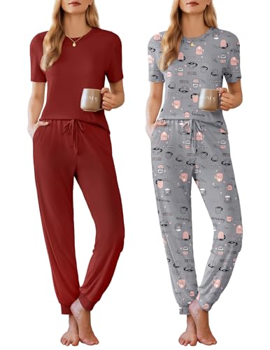 Image of Ekouaer Pajamas for Women Set 2 Pack Lounge Set Short Sleeve Pjs Joggers Long Pants Loungepwear with Pockets