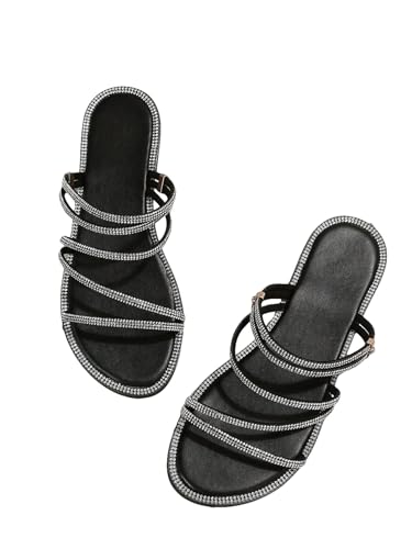 Image of GORGLITTER Women's Rhinestone Sparkly Metallic Strappy Flat Sandals Cute Toe Slip on Slide Sandals