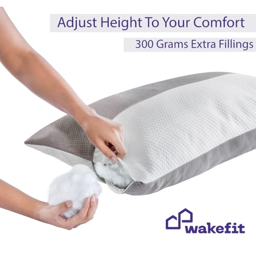 Image of Wakefit Microfiber Height Adjustable Hollow Fibre Sleeping Pillow with Zip | Set of 2 (White and Grey, 27 X 16 Inches)
