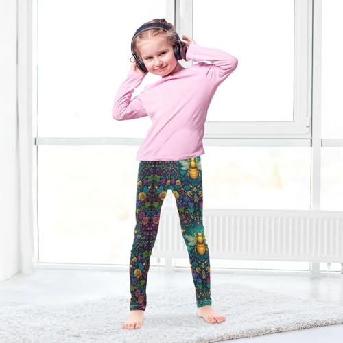 Boccsty Honey Bee Surrounded by Colorful Flowers Girls Leggings Kids Yoga Pants Dance Active Tights 4T4