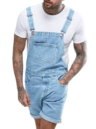 Runcati Herren Latzhose Baumwolle Jeans Overall Kurze Arbeitshose Loose Fit Männer Denim Jumpsuit mit Taschen Hellblau L