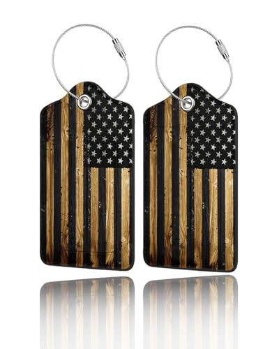GACCAP 2 Pack Luggage Tags for Suitcase, Privacy Cover ID Label with Stainless Steel and Address Card for Travel Bag Backpack Cruise Ship Essentials Tag Women Men - Wood American Flag
