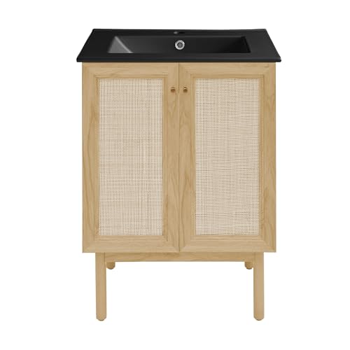 Image of Swiss Madison Classe 24 inch Freestanding Bathroom Vanity in Natural Oak with Black Sink Top