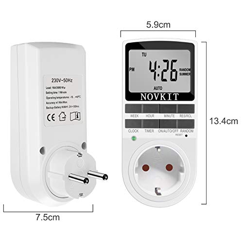 2x NOVKIT digitale Zeitschaltuhr Steckdose mit 10 konfigurierbaren wöchentlichen Programme und einbruchsicheren Zufallsfunktion für Innen (230V / 16A / 3680W)