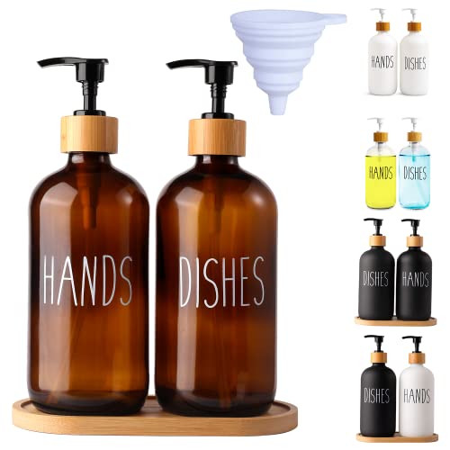 Image of LOOCHICA Amber Glass Soap Dispenser Set with Tray, Amber Dish and Hand Soap Dispenser Set, Refillable Reusable Apothecary Soap Pump Dispenser Bottles for Bathroom and Kitchen