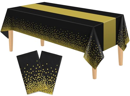 2 Pack Black and Gold Plastic Tablecloths, 54 inch x108 inch Rectangular Disposable Dot Party Table Cloths, Suitable for Wedding Birthday Anniversary Christmas Party Decorations