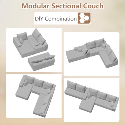 Image of Oversized Modular Sectional Sofa Couch, Large 5 Seater Corner Sofa Modern L Shaped Sectional Couch Cloud Couches for Living Room, Office, Spacious Space, Corduroy, No Assembly Required, Light Grey