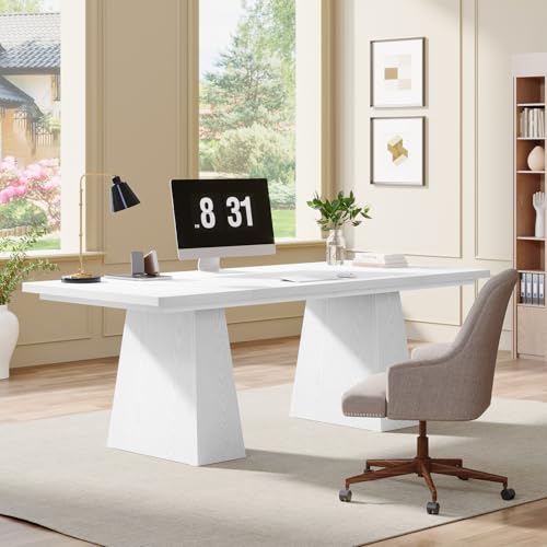 Image of Tribesigns 63-Inch Executive Desk, Large Office Computer Desk with Double Pedestal, Modern Simple Workstations Writing Table Conference Table Business Furniture for Home Office, White
