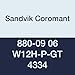 Sandvik Coromant, 880-09 06 W12H-P-GT 4334, CoroDrill 880 Insert for Drilling, Carbide, Square, Right Hand Cut, 4334 Grade, Ti(C,N)+Al2O3+TiN, Wiper, Inveio? Coating Technology (Pack of 10)