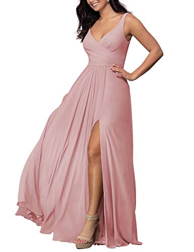 Lilibridal Chiffon Bridesmaid Dresses Dusty Rose V-Neck Prom Dresses with Slit Formal Dresses Long Beach Dress(Dusty Rose,08)