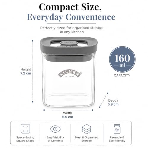 Image of Kilner Fresh Storage 160ml Airtight Glass Spice Jar Durable Vacuum Seal Lid BPA-Free Glass for Herbs Spices Pantry Cupboard Kitchen Organisation