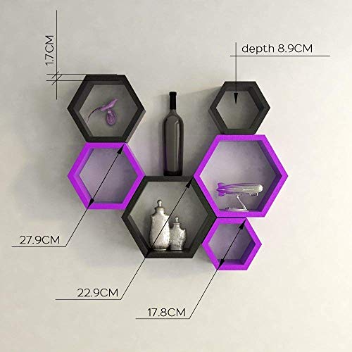 Image of BAS Engineered Wood Brown Art Shoppee Decorative Display With Hexagon Shape Set Of 6 Floating Wall Shelves And Racks For Living Room (Black & Purple)