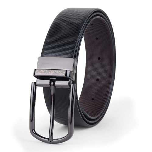 Image of Belts for Men Leather Original, Reversible Black & Brown Formal & Casual Italian Leather Belt with Attached Metal Curved Buckle