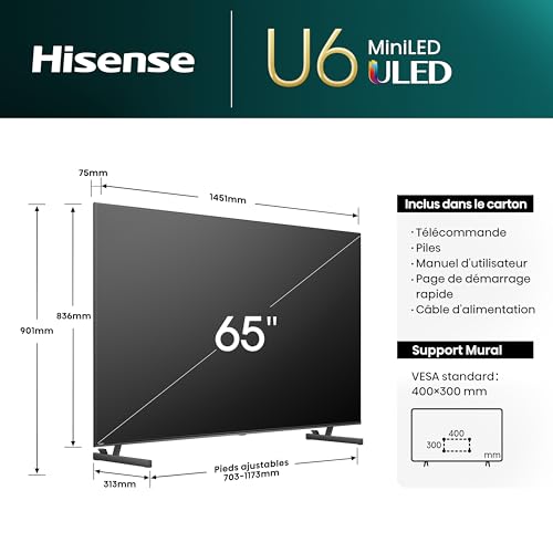 Hisense Smart TV 65 Pouces 65U6NQ MiniLED QLED 4K UHD Téléviseur Dolby Vision Atmos Hi View Engine Mode Sport IA MEMC HDR VIDAA avec Youtube Netflix Disney+ Canal + - vue 4