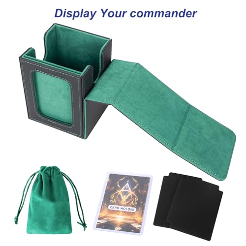 Image of AFIING MTG Deck Box for Commander Display,Card Deck case Fits 100 Double Sleeved Cards,Magic Commander TCG Card Storage Box with 2 Dividers,Dice Bag and Toploader Black Green