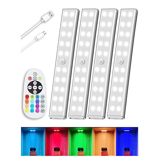Under Cabinet Lights Wireless, Dimmable 48 LED Closet Lights Rechargeable, Under Counter Lighting with Remote, 15 Color Changing Night Light RGB Bar for Home Shelf Kitchen Pantry Stair, 4 Pack