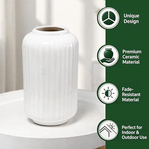 Image of Art Street Decorative Boho Ceramic Vase Premium Shell Ribbed Modern Table Bookshelf Decor Classic Flower Pot for Home, Office, Living Room, Decoration, (White, Size : 5x9 Inch)