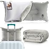 MasterManner Travel Blanket and Pillow Set — Airplane Blanket with Inflatable Pillow and Cotton Pillowcase, Travel Blanket Combo with Back-Neck Snaps for Long Flights