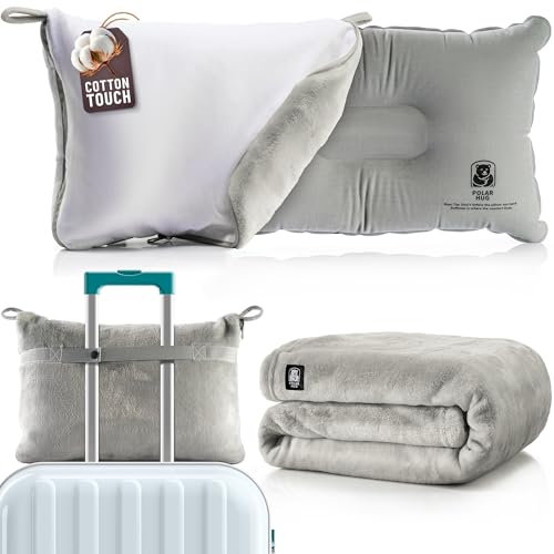 MasterManner Travel Blanket and Pillow Set — Airplane Blanket with Inflatable Pillow and Cotton Pillowcase, Travel Blanket Combo with Back-Neck Snaps for Long Flights