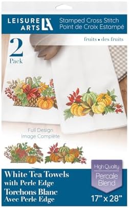Leisure Arts Tea Towel 17"X28" Fruits 2Pc, Towel Set, Embroidery Kit, Bathroom Hand Towels, Kitchen Towel, Cross Stitch Kits, Stamped Cross Stitch Kits