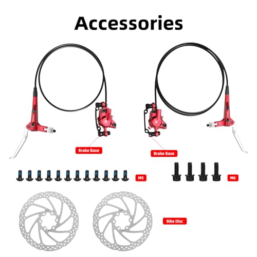 2-Pistons MTB Disc Brake Set Hydraulic Disc Brake Kit Left Rear Right Front with 160mm Rotors Aluminum Alloy Hydraulic Brake Fit for Mountain Bike E-Bike Fat Bike (Red) - Thumbnail 5