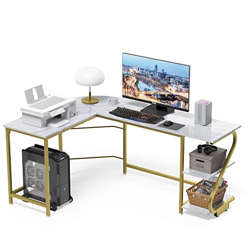 Weehom Reversible L Shaped Computer Desk With Storage Home Gaming Office Writing Workstation Corner Table For Small Space White Marbling Gold #TOP30