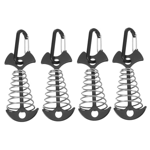 VINTORKY 4Pcs Fishbone Tent Stakes with Carabiner Clips Durable Spring Anchors for Outdoor Camping Hiking and Tarp Support Wear Resistant Rope Tensioners for Secure Anchoring