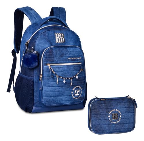 Mochila Jeans Rebecca Bonbon Com Pompom Feminina Estojo Kit 2 Pçs