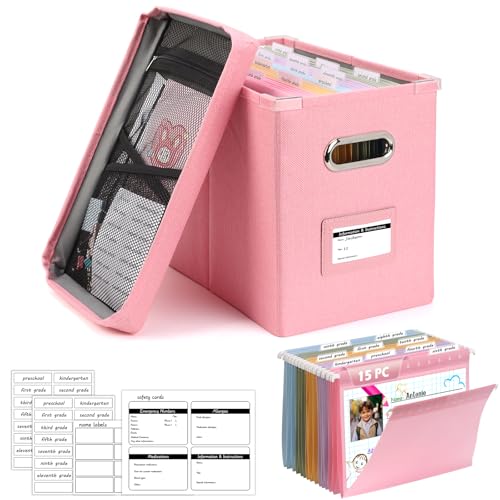 DOSTATNI School Years Organizer Kit K-12 School Years Memory Keeper with 15 Hanging File Folders Plastic 4 different Labels Memory Keepsake Box for kids Storage Pictures File Keeper (Pink)