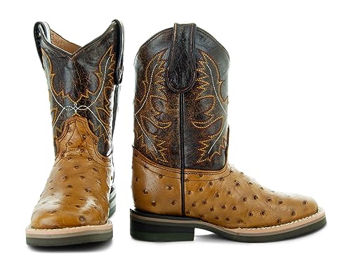 Soto Boots Kids Broad Square Toe Ostrich Print Cwoboy Boots K4007