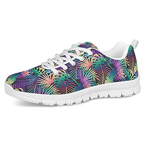 HUGS IDEA Freizeit-Sneakers, klassische Low-Top-Schnürschuhe, leichte Luftkissen-Schuhe, Doktor Hund Zähne Cartoon Muster, Bunte Hawaii-Pflanze, weiß, 37 EU