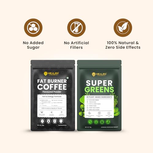 Image of HEALEO Weight Management & Daily Wellness Combo | Fat Burner Coffee with MCT, L-Carnitine & Green Coffee Bean + Super Greens Powder with 40 Plant-Based Ingredients | Metabolism, Detox & Digestive Supp