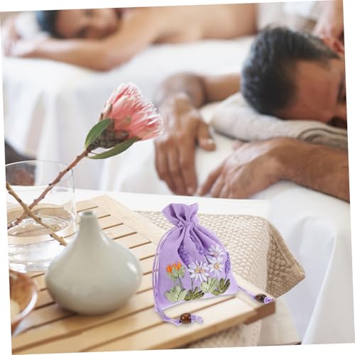 Bolsas de lino bordadas para joyería con cordón lavanda miniatura 6