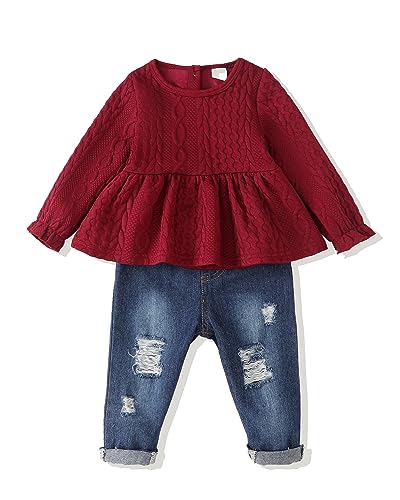 Image of Baby Girl Clothes Toddler Girls Winter Outfits Infant Clothing Ruffle Top Denim Pants Jeans Cute Fall Outfit Set