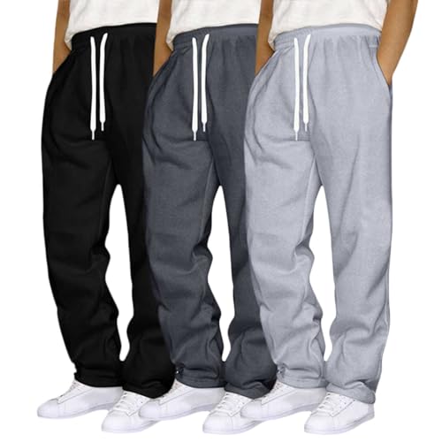 3 Pack Mens Sweatpants Open Bottom Baggy Track Pants Straight Leg Fleece Loose Fit Gym Athletic Sweatpants with Pockets2