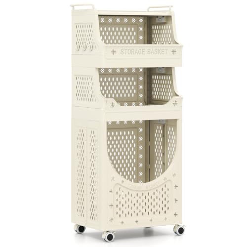 Multigot 3/4-Tier Laundry Basket on Wheels, Foldable Rolling Laundry Sorter Cart with Storage Shelves/Box and Hooks, Portable Wash Hamper Plastic Dirty Clothes Sorter Washing Basket (4 Tiers)