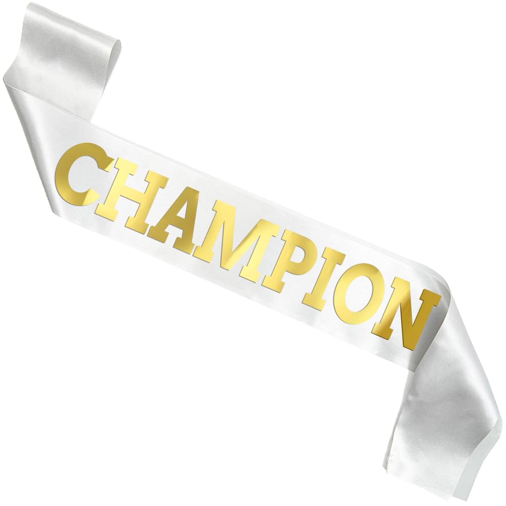 CHAMPION Satin Sash Party Accessory, White And Gold Winner Satin Sashes Celebrate In Style At Parties, Contests, Sporting Events And Competitions, 1st