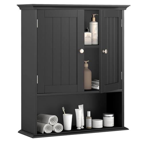 Tangkula Bathroom Wall Cabinet, Wooden Hanging Storage Cabinet with Doors & Shelves, Multipurpose Storage Cabinet for Restroom Kitchen Living Room, Wall Mounted Bathroom Medicine Cabinet (Black)