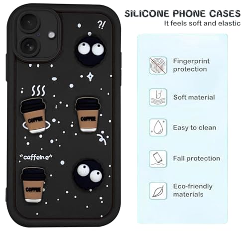 Image of GoldKart Back Case Cover Compatible for iPhone 16 | Cute Fun Cartoon 3D Ball Coffee Silicone Case | Full Body Protection Back Cover for iPhone 16 - Black