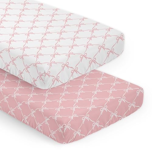 Image of Sweet Jojo Designs 2-Piece Baby Crib Sheets Set (Pink and White Bows) for Girls, Infant Nursery, Toddler Room - Fitted, Standard Size (Blush Bow for Shabby Chic, Ballet, Ballerina Princess Collection)