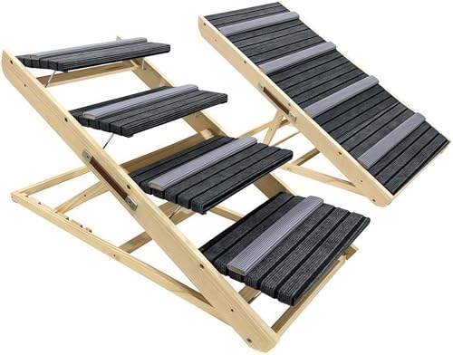 犬階段 ペットスロープ 高さ調整 2WAY仕様 天然木製 滑り止め付きクッションステップ 階段・スロープ兼用 耐荷重70kg