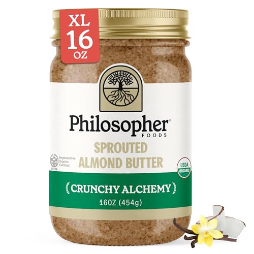 Philosopher Foods - Crunchy Alchemy Organic Sprouted Almond Nut Butter - 16 oz - Stone Ground Regenerative Organic Crunchy Almond Butter with Coconut Oil, Vanilla, and Ancient Seabed Salt