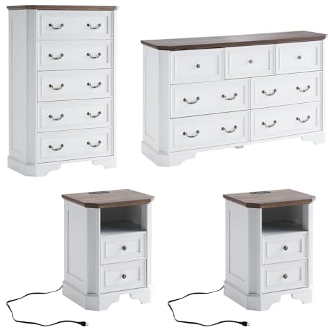 LUXOAK Farmhouse 4 Pieces Bedroom Sets, 1 X 54in Wide 7 Drawers Dresser, 1 X 48in Tall 5 Drawers Dresser, Nightstand Set of 2 with Charging Station, Rustic Retro Bedroom Furniture Set, White Cover