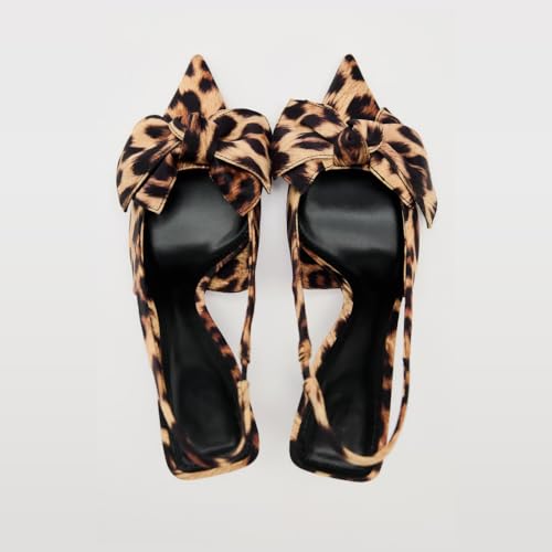 Women's Leopard Slingback Pumps Bow Knot Closed Pointy Toe Kitten Heels for Women Animal Print Backless Slip On Slingback3