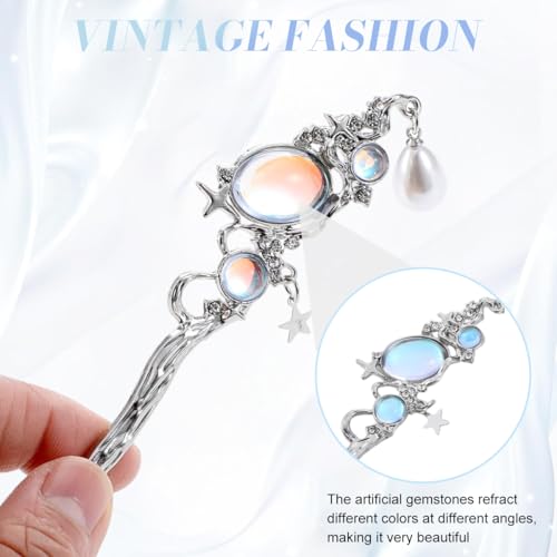 Image of SANNIDHI Hair Stick for Bun Accessories for Woman, 5Pcs Vintage Alloy Juda Pins for Hair Bun, Moonstone Planet Star Charm Silver Accessories for Updo & Daily Styling