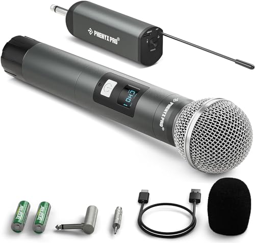 Phenyx Pro Single Digital Wireless Microphone System, w/1 Metal Handheld Dynamic Microphone, Mini Receiver, 15 UHF Frequencies, Cordless Mic for Karaoke, DJ, Singing, Church, Wedding(PDP-1-1H)